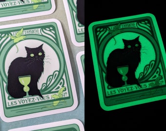 Glow In The Dark Absinthe Cat  3" Vinyl Sticker, black cat with absinthe and green fairy rats