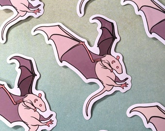 Rats With Wings Vinyl Sticker, 3" glossy waterproof sticker, Hairless Rat with Bat Wings on white background, funny dark art