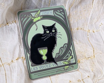 Absinthe Cat enamel pin, hard enamel and silver, 1.75" A and B Grade/Seconds, black cat and green fairy rats