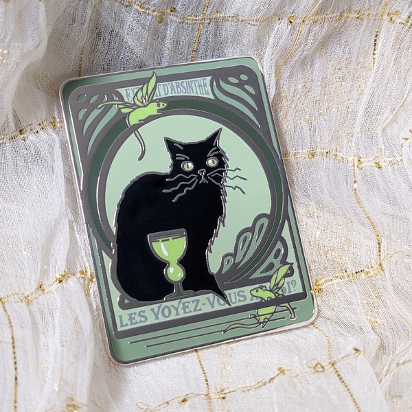 Absinthe Cat enamel pin, hard enamel and silver, 1.75" A and B Grade/Seconds, black cat and green fairy rats