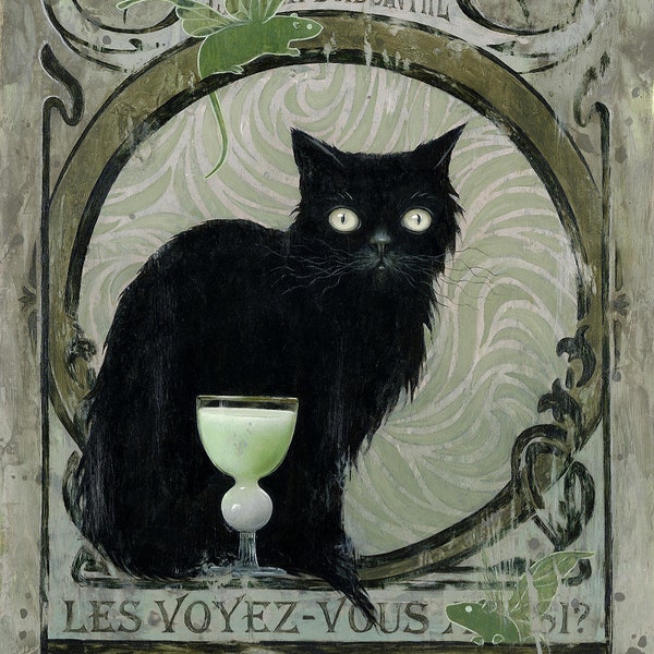 FINE ART PRINT Do You See Them Too, black cat and green fairy rats with absinthe