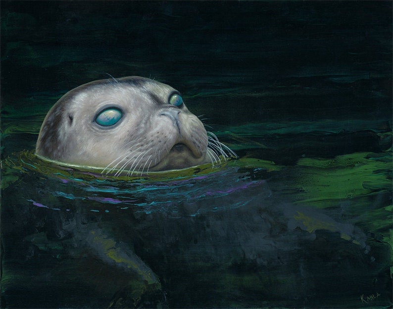 Original That Sinking Feeling Oil Painting 11x14 Framed Art Seal Sinking Ship Ocean Water Sea Swimming Marine Wildlife Nature Portrait