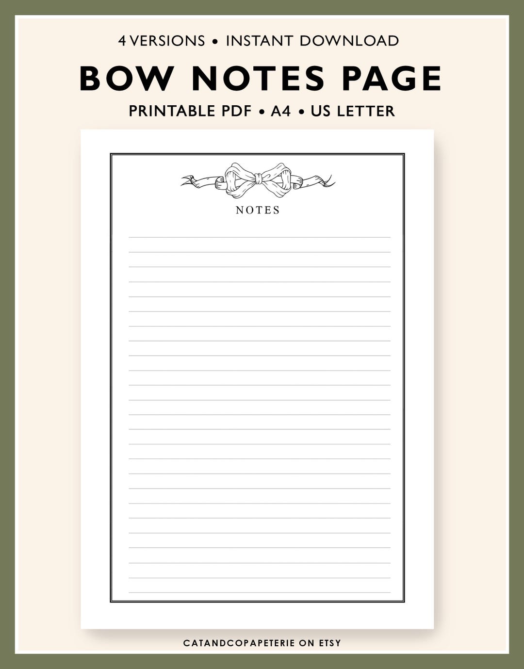 Bow Notes Page Printable, Study Notes Template, Bow Note Taking Paper ...