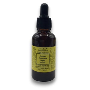 May include: A dark amber glass dropper bottle containing German Chamomile Liquid Extract. The yellow label features the text Olon Bue Supplements High Potency, German Chamomile Liquid Extract, NO GMO, Gluten Free, 333mg per Serving, 1Fl oz | 30 ml.