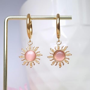 Gold sun huggie hoop earrings, dainty star jewellery, celestial stacking lever back earrings, nickel free hoops with charm