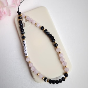Personalised rose quartz phone charm strap, healing gemstone phone chain, custom black cell phone wrist strap