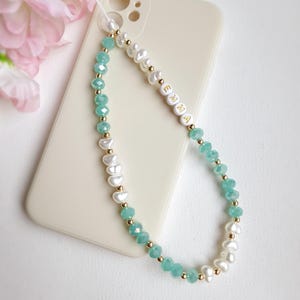 Personalised Beaded Phone Charm, Custom Green Pearl Cell Phone Camera Lanyard