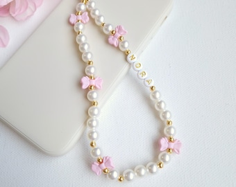 Custom Name Pearl Phone Charm, Personalised Pink Bow Beaded Wrist Strap