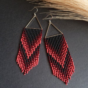 Red Black Beaded Fringe Earrings, Seed Bead Boho Statement Dangle Earrings