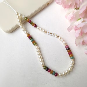 Personalised Tourmaline & Pearl Phone Charm Strap, Custom Y2K Beaded Camera Lanyard