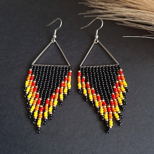 Black Beaded Seed Bead Fringe Earrings, Statement Dangle Earrings in Black, Red and Yellow