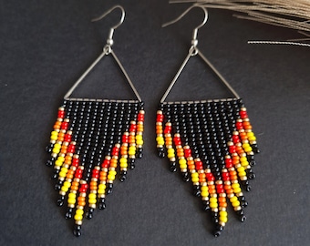 Black Red Yellow Beaded Seed Bead Fringe Earrings, Statement Stainless  Steel Dangle Earrings, Boho Chic Fire Jewellery