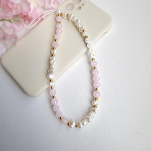 Rose quartz phone charm strap personalised , healing gemstone phone chain, custom beaded cell phone wrist strap