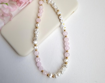 Personalised Rose Quartz Phone Charm Strap, Beaded Gemstone Healing Phone Chain, Camera Holder