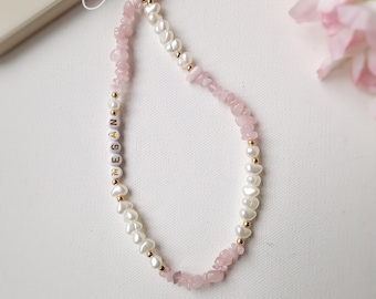 Personalised Rose Quartz Phone Charm, Crystal Gemstone Beaded Wrist Camera Strap