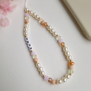 Custom phone charm strap, personalised pearl beaded cell phone accessories, camera wrist lanyard