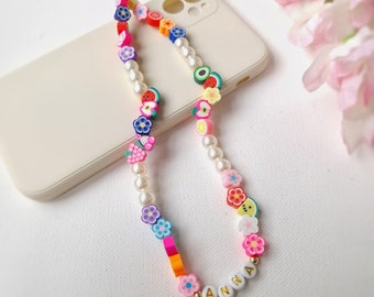 Personalised Pearl Phone Strap, Y2K Beaded Phone Charm, Camera Wrist Lanyard