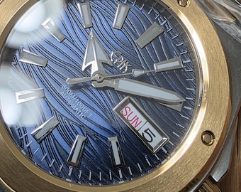 40 mm Stainless Steel Automatic Watch: blue Wave Dial, Sapphire Crystal, day/date