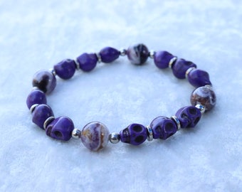 Purple Amethyst and Skull Beaded Stretch Bracelet