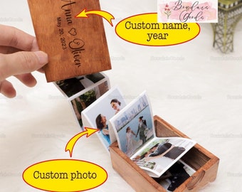 Caja de fotos de madera personalizada, álbum de fotos extraíble personalizado, caja de madera personalizada, colección de memoria personalizada, regalo para él, caja de madera de baratija