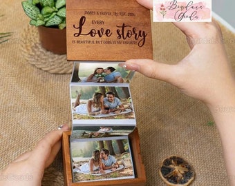 Every Love Story Is Beautiful Personalized Wooden Photo Box, Pull Out Photo Memory Box, Photo Album, Gift For Couple, Anniversary Gifts