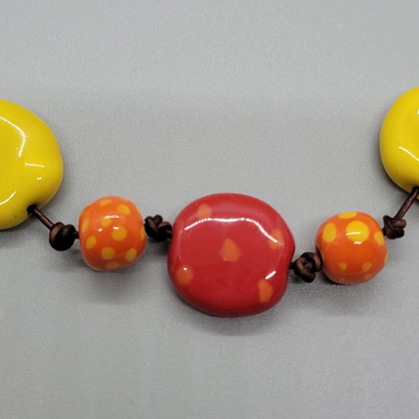 Red, Orange, Yellow Kazuri Leather & Antiqued Copper Necklace - "VIBRANCY"  21 3/4"