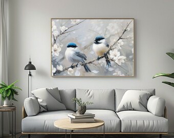 Blue Bird Print, Modern Bird Wall Art, Bird on Branch Print, Wildlife Branch, Autumn Print, Flower Bird On Branch Wall Art, Set of 2 Prints