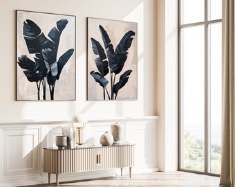 Botanical gallery wall art, Botanical Leaf Wall Art, black branch Wall Art, Banana Leaves Print, Set Of 2 Modern Wall Art, Leaf Print