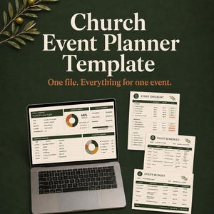 Puede incluir: Un portátil que muestra una plantilla de planificador de eventos de la iglesia con gráficos y datos. El texto dice "Church Event Planner Template" y "One file. Everything for one event." Incluye cuatro formularios imprimibles y un icono de Google Sheets.