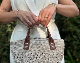 Beige Color Hand Knitted Quality Bags, Stylish Designed Handmade Bags