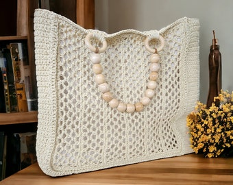 Cream Color Summer Bag, Large Bag, Beach Bag, Hand Knitted Bags