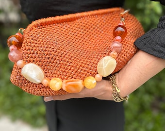 Orange Color Glitter Polyester Bag, Hand Knitted Stylish Designed Bags, Gift Lined Bag