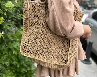 Tan Color Bag, Large Bag, Beach Bag, Hand Knitted Bags, Gift Bag for Mom