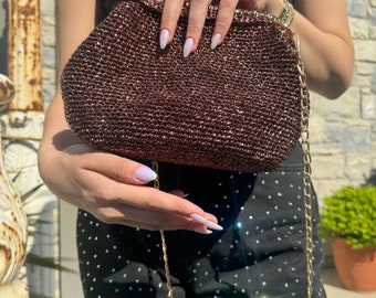 Brown Shiny Chain Bag, Handmade Bags with Stylish Design, Original Durable Bags