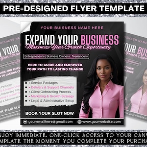 May include: A pre-designed flyer template with the text "EXPAND YOUR BUSINESS" in pink and white. The flyer includes a photo of a woman in a pink shirt and lists service packages. The flyer is designed for entrepreneurs and business owners.