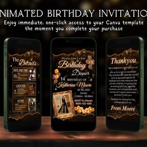 Animated Birthday Dinner Invitation | Editable Digital Birthday Invitation Template In Black And Gold Theme | Digital Dinner Party Invite