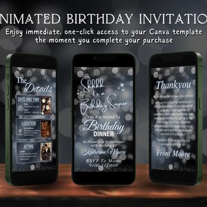 Animated Birthday Dinner Invitation | Editable Digital Birthday Invitation Template In Silver And White Theme | Digital Dinner Party Invite
