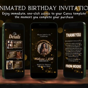 Animated Birthday Dinner Invitation | Editable Digital Birthday Invitation Template In Golden And White Theme | Digital Dinner Party Invite