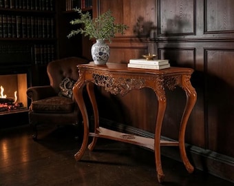 Antique Wood Console Table With Victorian Half Moon Carved Base