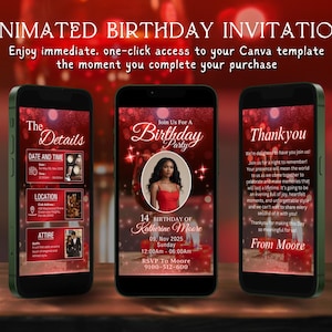 Animated Birthday Dinner Invitation | Editable Digital Birthday Invitation Template In Red And White Theme | Digital Dinner Party Invite