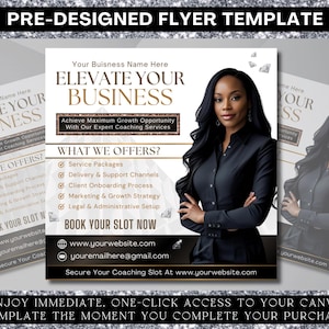 May include: A pre-designed flyer template with the text "ELEVATE YOUR BUSINESS" and a photo of a woman in a black blazer. The flyer includes the text "WHAT WE OFFERS?" and a list of services. The flyer also includes website and email contact information.