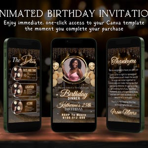 Animated Birthday Dinner Invitation | Editable Digital Birthday Invitation Template In Gold And White Theme | Digital Dinner Party Invite