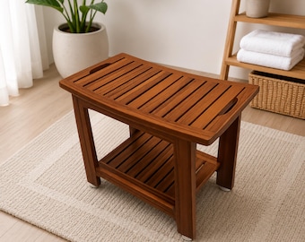 Handmade Bench Teak Shower With Shelf Handle Waterproof Spa Stool Bathroom Seat For Elders