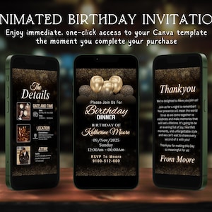 Animated Birthday Dinner Invitation | Editable Digital Birthday Invitation Template In Black And Golden Theme | Digital Dinner Party Invite