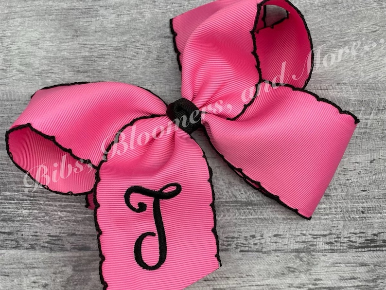 Moonstitch Monogrammed Hair Bow Hot Pink w/black