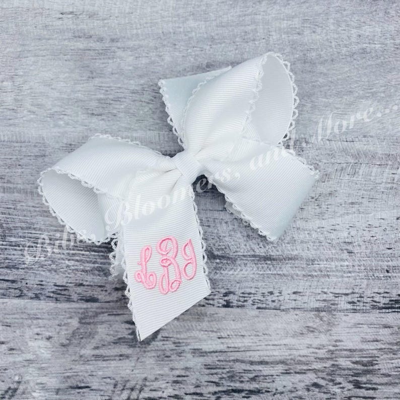 Moonstitch Monogrammed Hair Bow white w/white