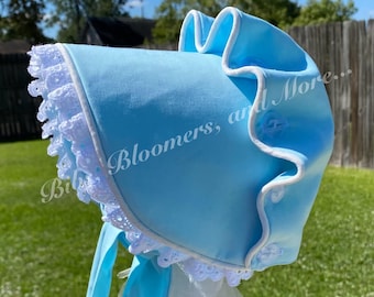 Lace Trimmed Button Baby Bonnet with Monogram