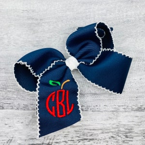 Apple Monogram Back to School Hair Bow,  Embroidered School Bow, Personalized Hair Bow