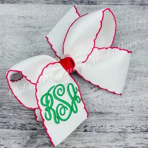 Moonstitch Monogrammed Hair Bow White w/hot pink