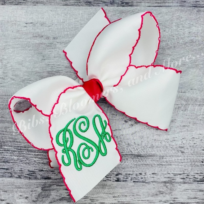 Moonstitch Monogrammed Hair Bow White w/hot pink